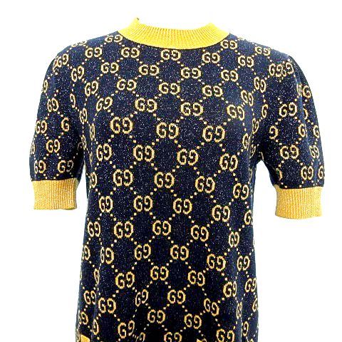 GUCCI - GUCCI グッチ 22AW GGジャガード 総柄半袖ニットワンピース レディース ネイビー 692707 グッチ GUCCI 美品 692707 22AW GG ラメ ジャカード ワンピース