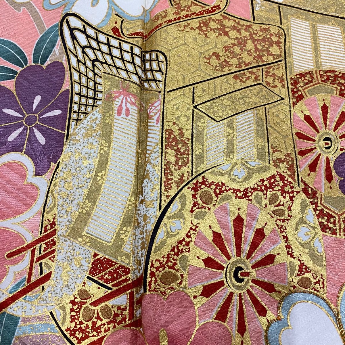 振袖 身丈157cm 裄丈64cm M 袷 御所車 桜 金糸 金彩 ピンク 正絹 名品  