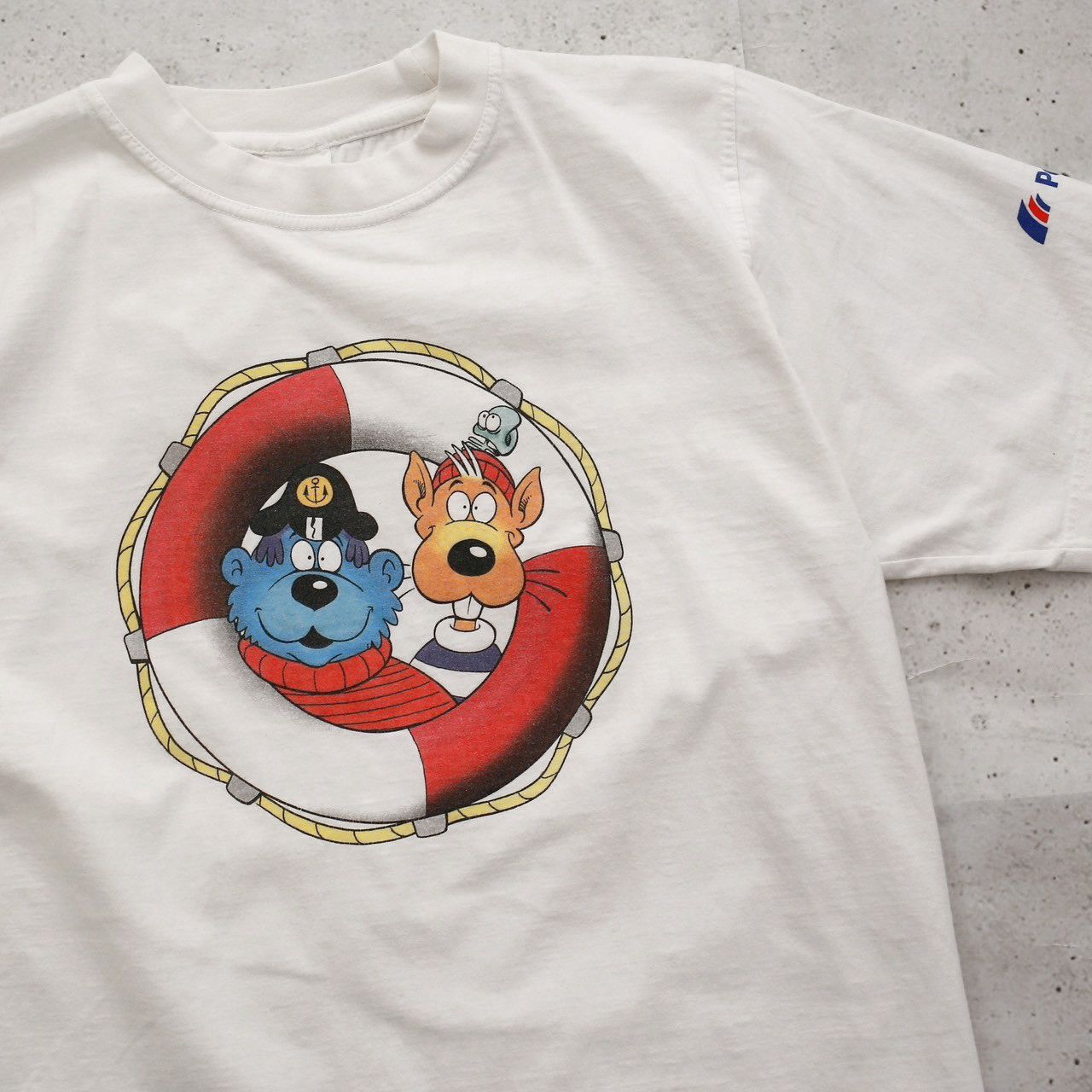 90s 90年代 キャプテン・ブルーベア ポストバンク キャラクター イラスト Tシャツ プリント バックプリント Mサイズ ホワイト 白 古着 【UR-0524】