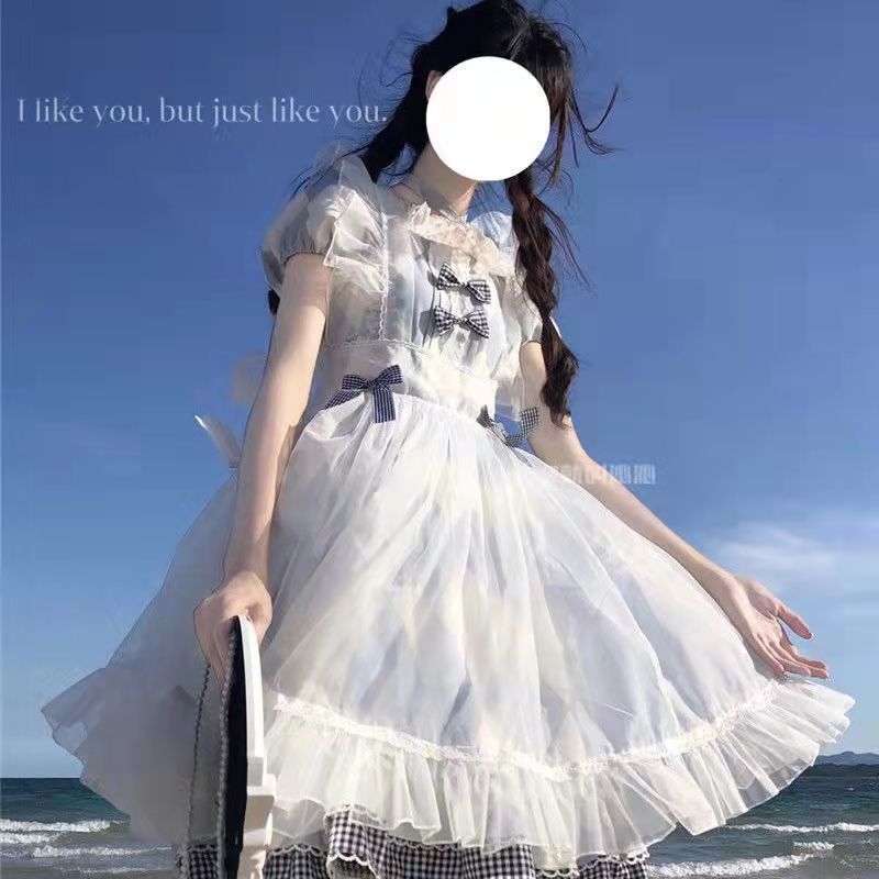 ♥ 現貨 双子 Lolitaブルーチェック JSKロリータドレス 上品かわいい フリル リボンデザイン 短袖トップス カバー付きスカート ヘアバンド 甘ロリー 女子ファッション 大人可愛い期間 613