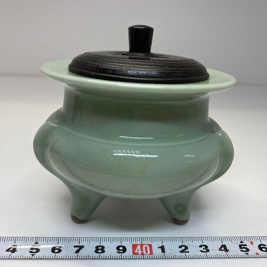 平安陽山造 名工 青磁袴腰三足香炉 タサチ 東さ6-0618