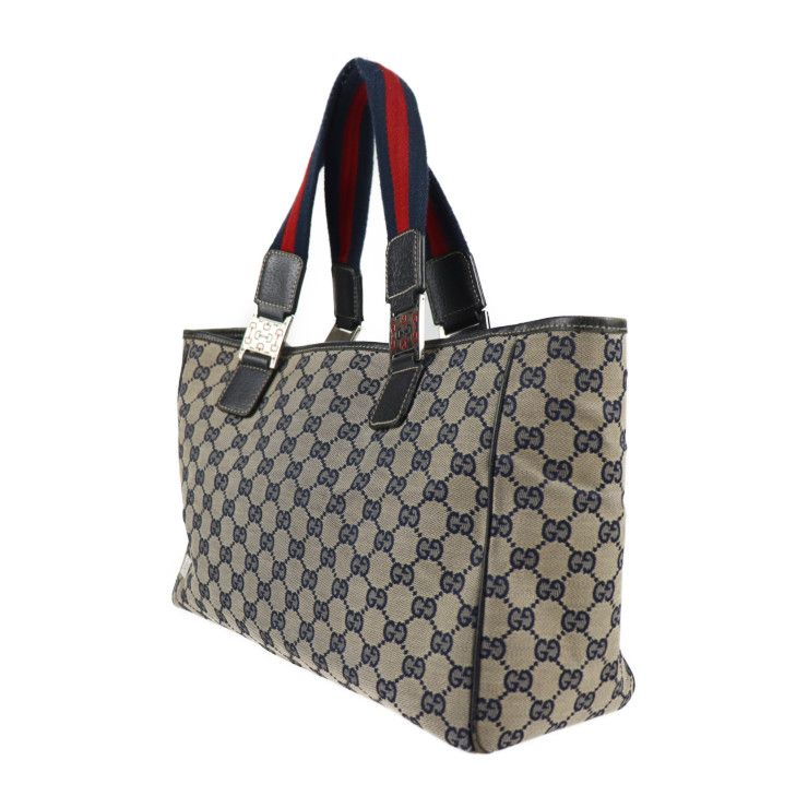 GUCCI グッチ ハンドバッグ 145758 GGキャンバス レザー ベージュ ネイビー シルバー金具 シェリーライン ホースビット トートバッグ  【本物保証】