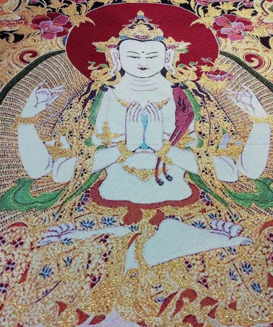 チベット密教仏画掛軸 緑多羅菩薩 緑ターラ 仏教 織物 タンカ 