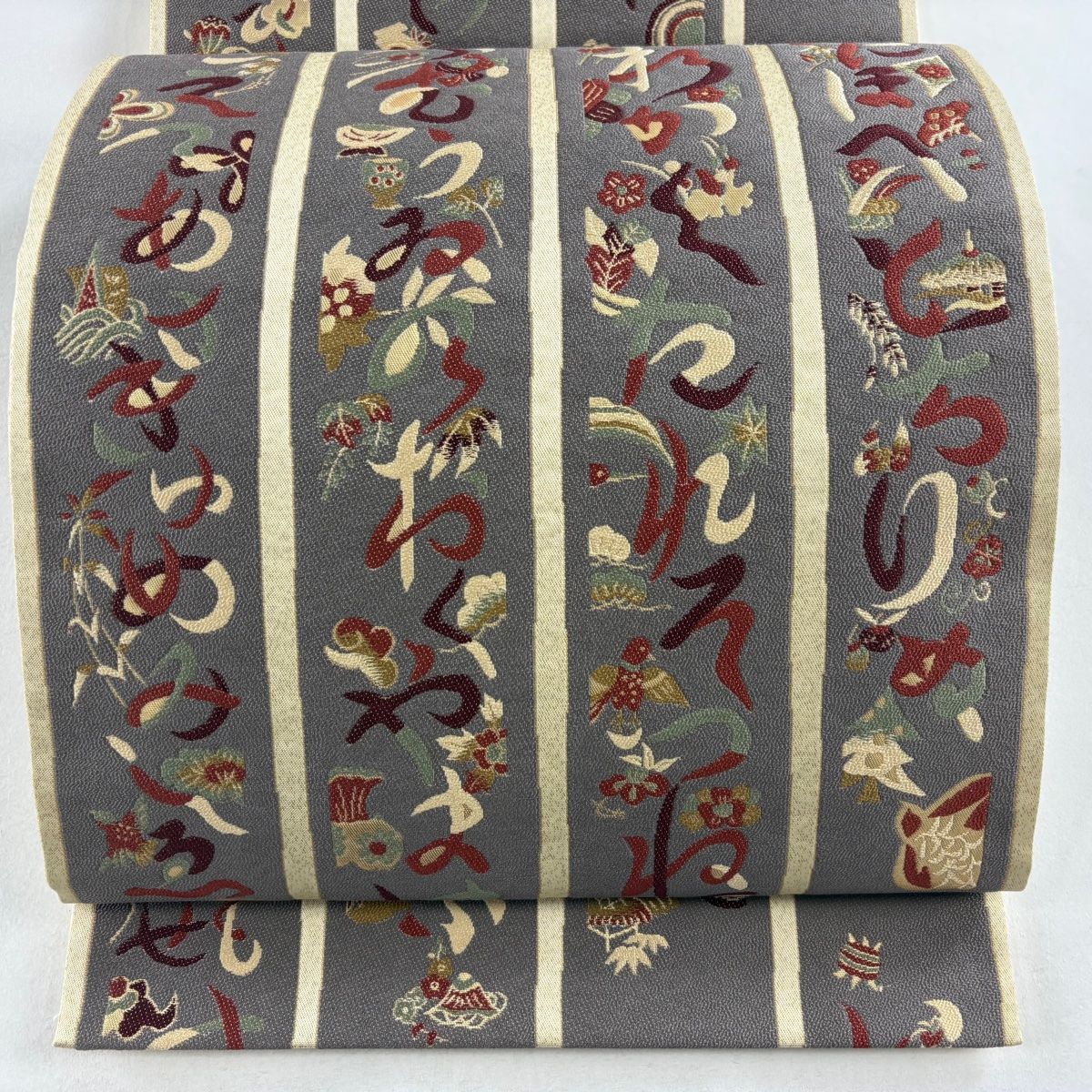 袋帯 美品 秀品 いろは歌 縦縞 金糸 箔 灰色 六通 正絹 【中古