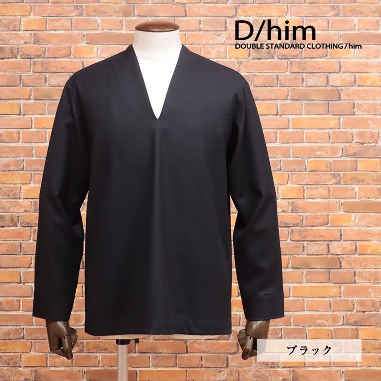 秋冬/D/him/46サイズ/プルオーバーシャツ サキソニー ストレッチ Vネック オーバーシルエット 長袖 モード ヌケ感 新品/黒/ブラック/jc232/