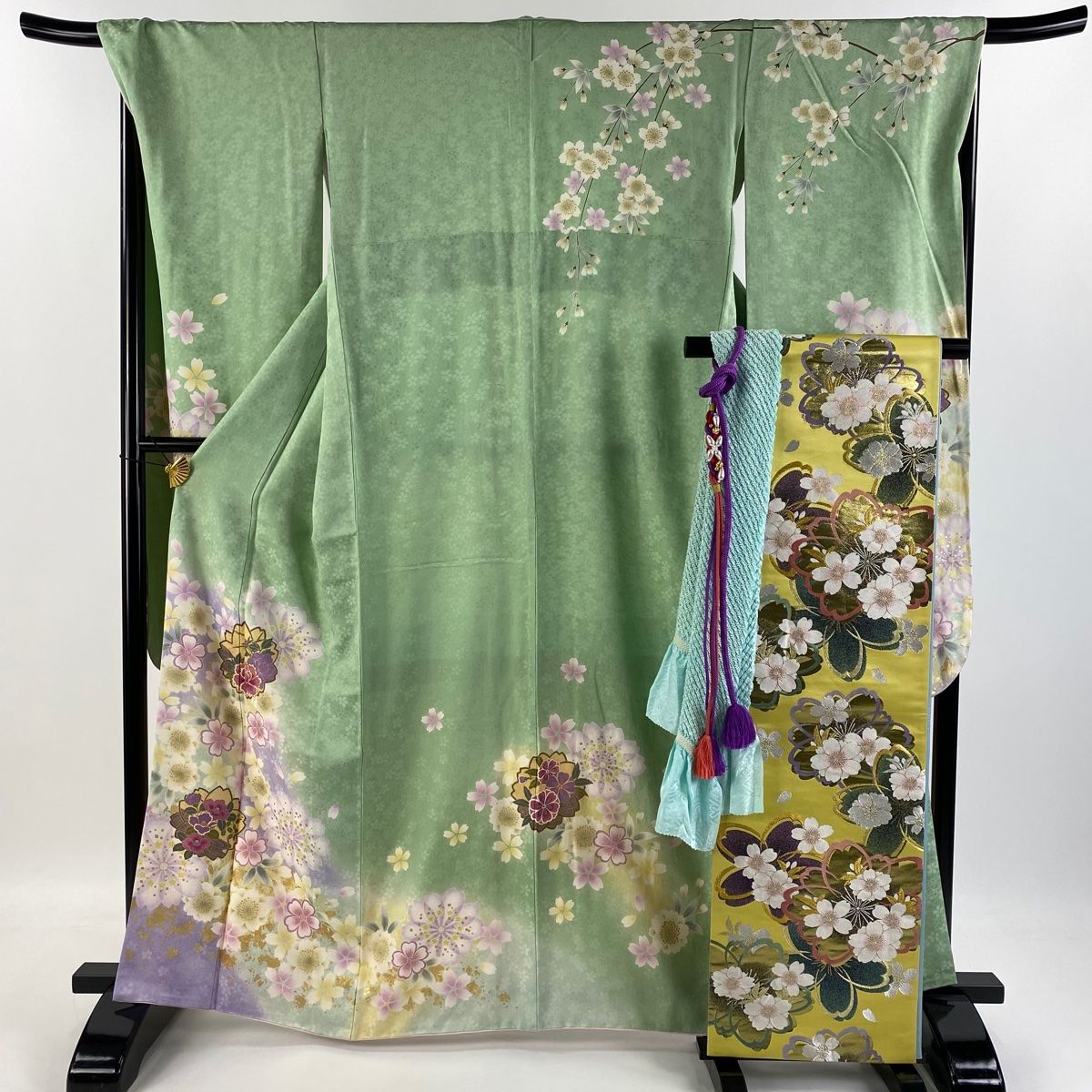 振袖 身丈162.5cm 裄丈68.5cm L 袷 袋帯フルセット 桜 牡丹 金糸