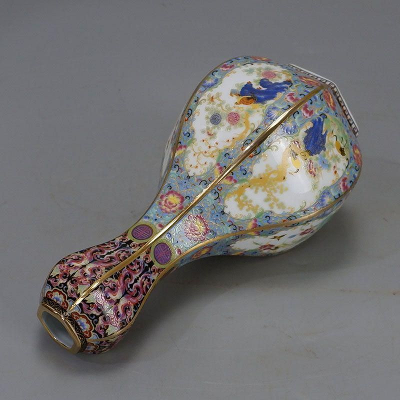 琺瑯彩蒔絵窓花鳥蒜頭瓶 景徳鎮 陶磁器 装飾品 現代工芸品 美術品 置物 琺瑯彩蒔絵窓花鳥蒜頭瓶 景徳鎮 陶磁器 装飾品 現代工芸品 美術