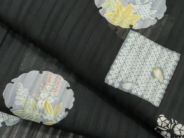 平和屋着物＊夏物 小紋 紗 雪輪兎草花文 黒地 洗える着物 CAAQ1233evm