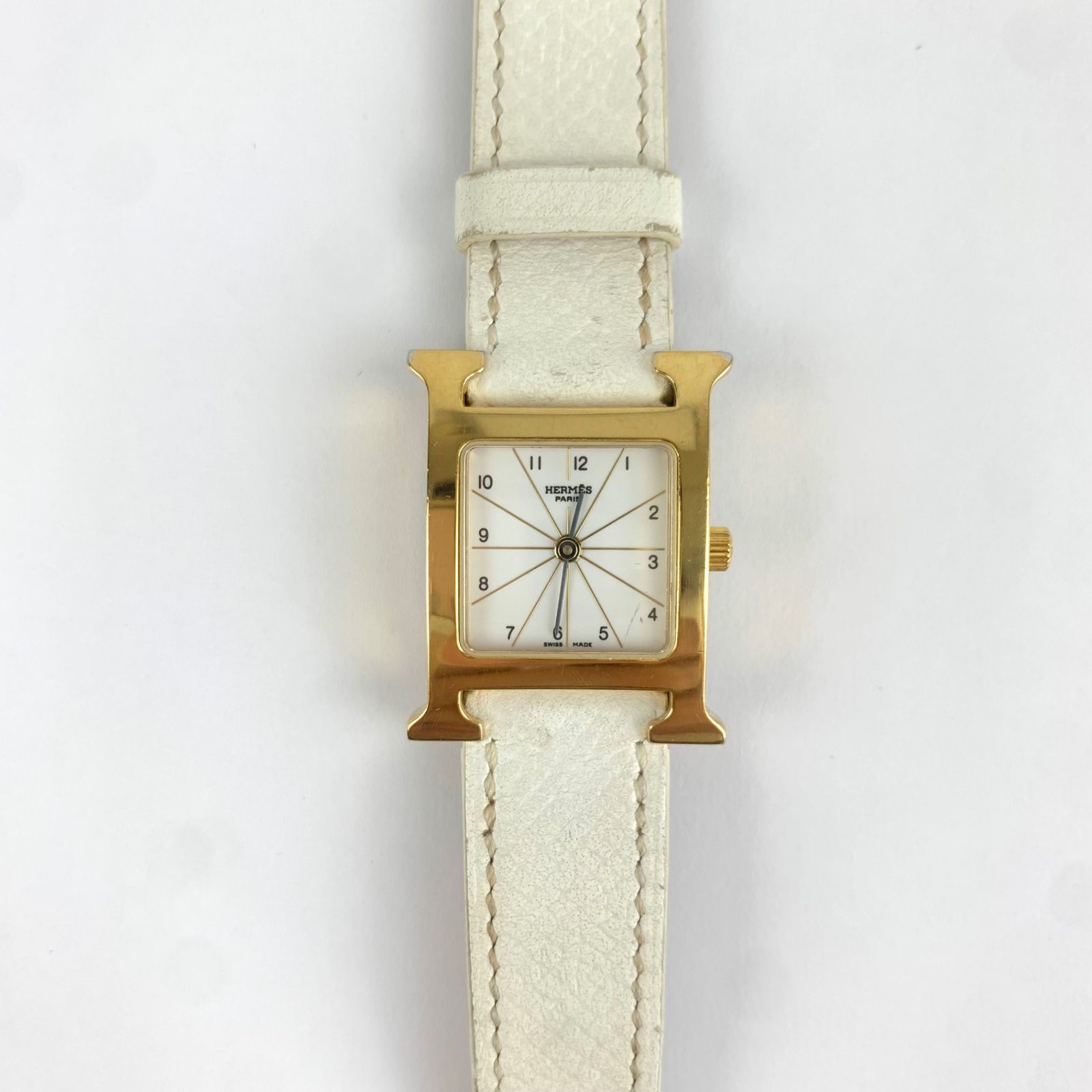 HERMES Hウォッチ レザー 替えベルト付 HH1.201 ホワイト レザー ゴールドメッキ 1885562