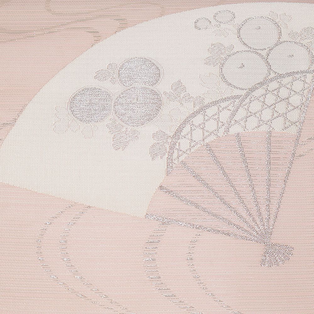 堅絽 名古屋帯 正絹 ピンク 扇子 万寿菊 桔梗 N3030 美品 夏帯 M