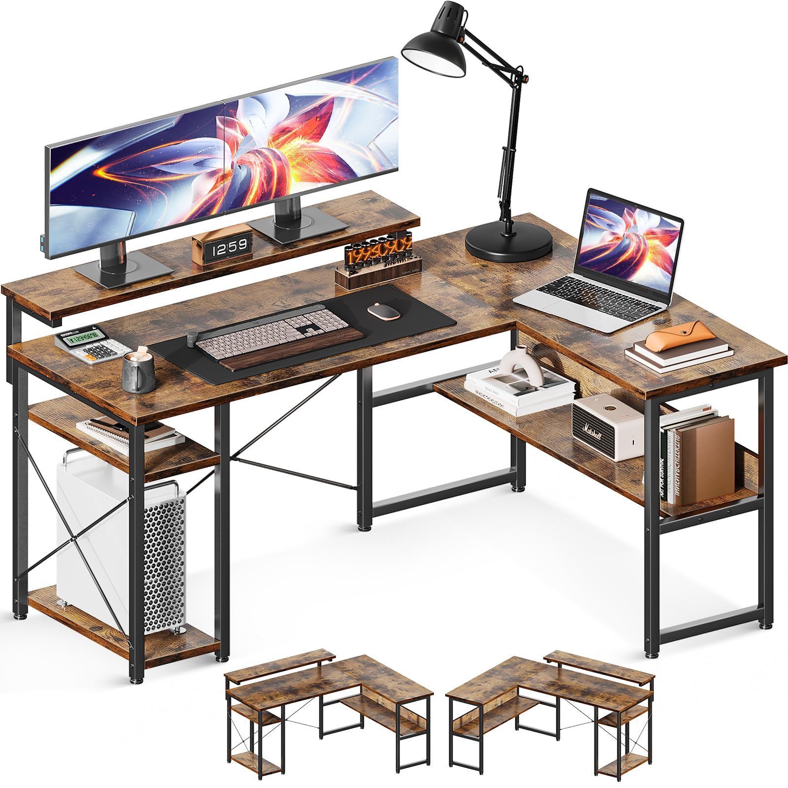 【新着商品】ODK パソコンデスク l字デスク 幅137 ゲーミングデスク デスク 机 棚付き pcデスク コーナーデスク 収納 エル字デスク 3段階モニター台付き オフィスデスク 仕事用 在宅勤務 組立
