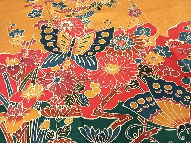 平和屋着物○豪華振袖・長襦袢セット 紅型 舞蝶草花文 鬼しぼ縮緬 正絹