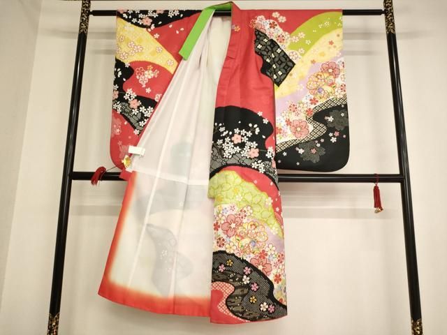 女児七才着物，長襦袢　新品未使用品 中古 七五三 正絹 7〜11歳女児用 祝い着 着物 長襦袢セット 朱色