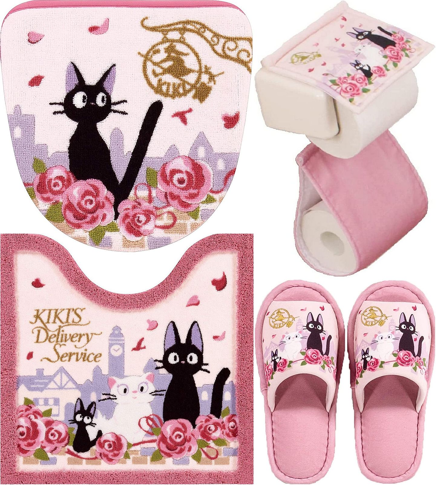 魔女の宅急便 トイレマット ４点セット 洗浄暖房型フタカバー＋普通サイズトイレマット＋スリッパ＋ペーパーホルダーカバー ジジとデート