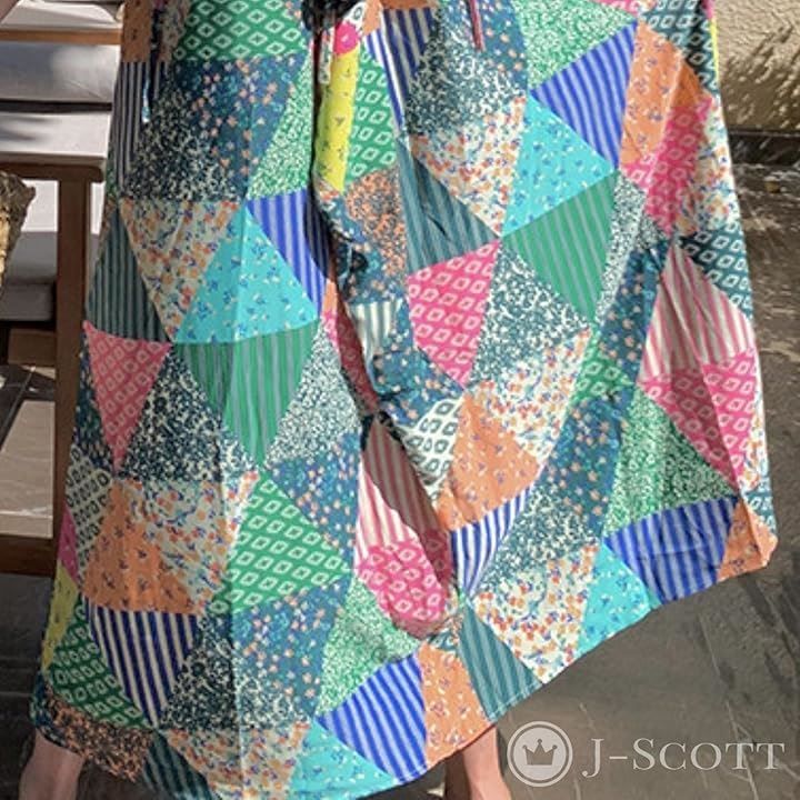 J-Scott ワンピース レディース ロング キャミソール Aライン リゾート パッチワークプリント JS144(L)