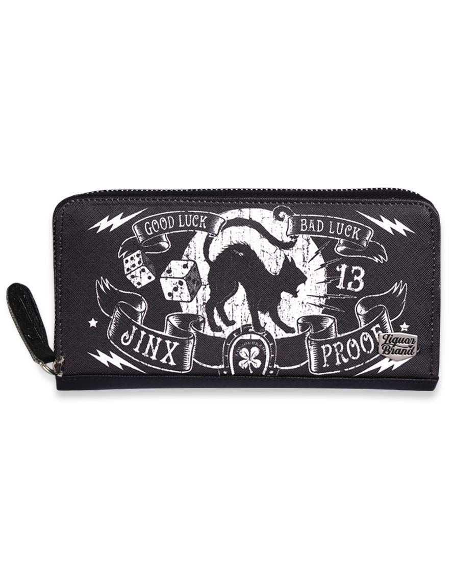 Liquorbrand Jinx Proof レディース ジップアラウンドクラッチ財布 黒猫ゴス ゴシック ロッカブリー サイズ 8インチ x 4インチ x 1インチ