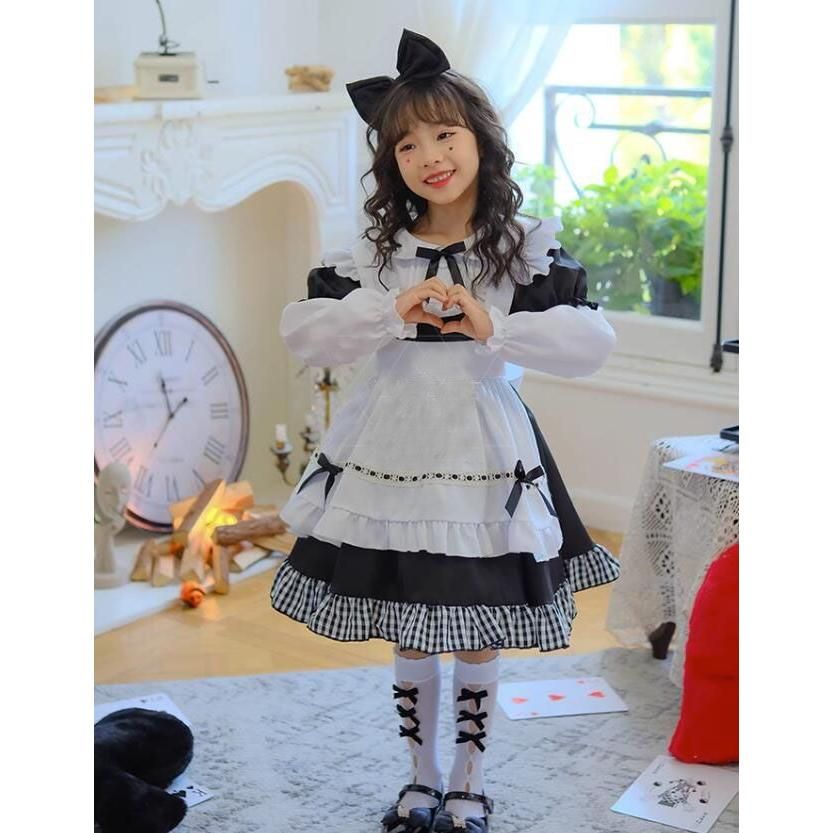 メイド服5点セット 子供服 女の子 メイドコス ハロウィン コスプレ衣装 半袖 長袖 黒白 チェック フリル メイド服 可愛い ウェイトレス キッズ ジュニア リボン