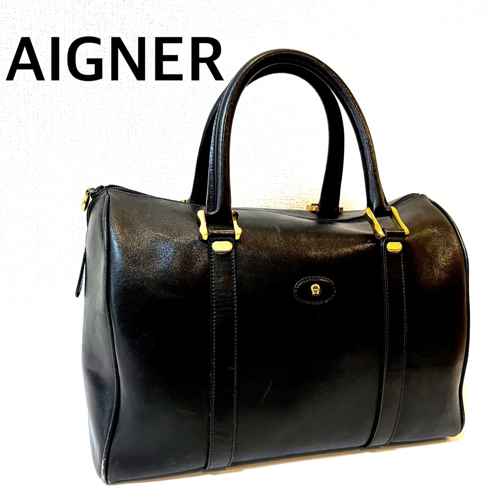 エティエンヌアイグナー ボストンバッグ ロゴプレート ゴールド金具 レザー 黒 AIGNER アイグナー ブラック ボストンバッグ 黒 ゴールド金具