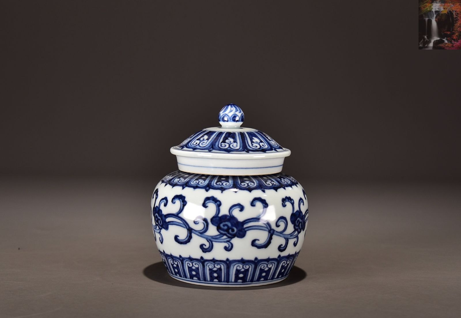 旧家蔵出　清国時代　大型 康熙青花瓷 逸品　陶器　置物 旧家蔵出し 大明宣德年製 青花 如意霊芝紋 蓋罐 古陶瓷器 陶芸 造型