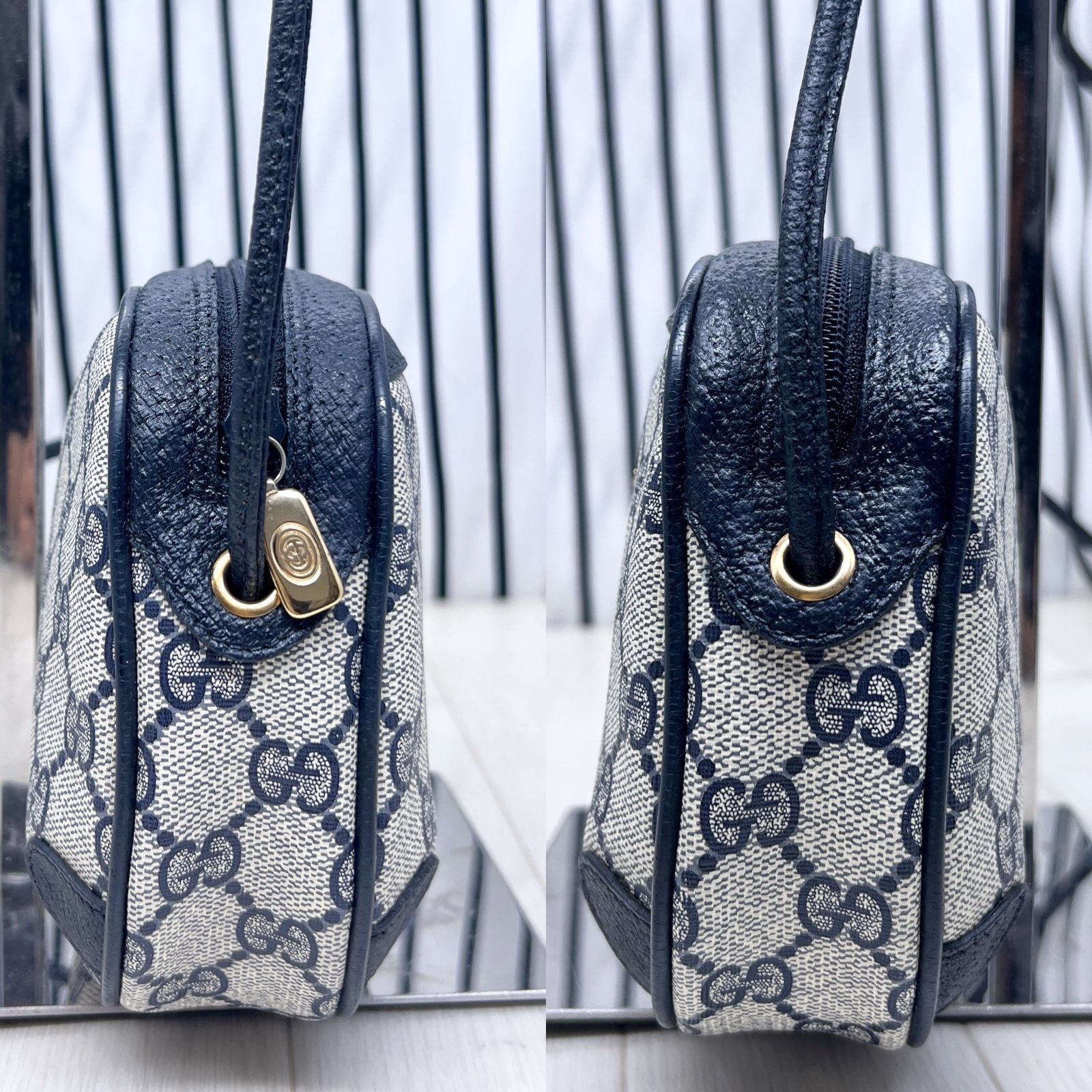 【美品】 オールドグッチ ショルダーバッグ シェリーライン ネイビー PVC GUCCI オールドグッチ シェリーライン GG柄 レザー×PVC