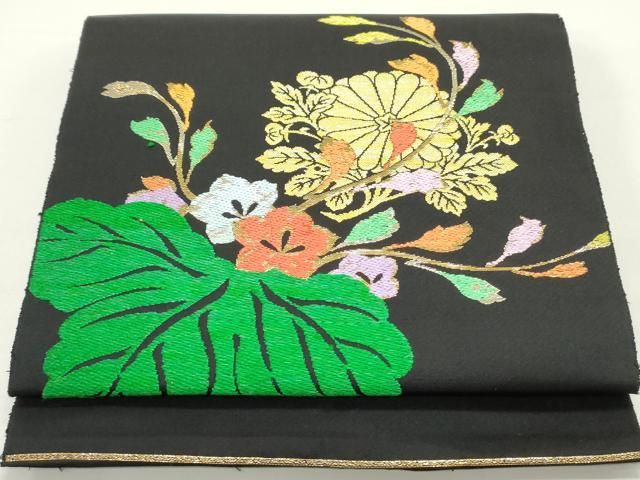 平和屋着物●八寸名古屋帯 吉祥桐菊文 黒地 金糸 正絹 DAAY0173ob