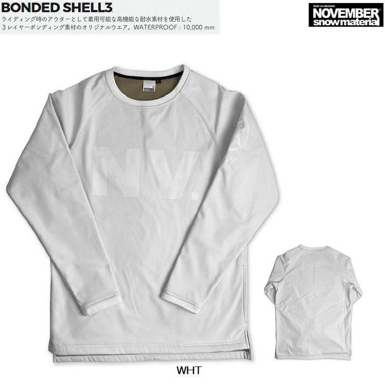 新品未使用！NOVEMBER BONDED SHELL 3 撥水CREW NECK (WHITE / SIZE:XL)　スノーボード用CREW ３レイヤーボンディング素材　WATERPROOF : 10，000 mm　ノベンバー　クルーネック