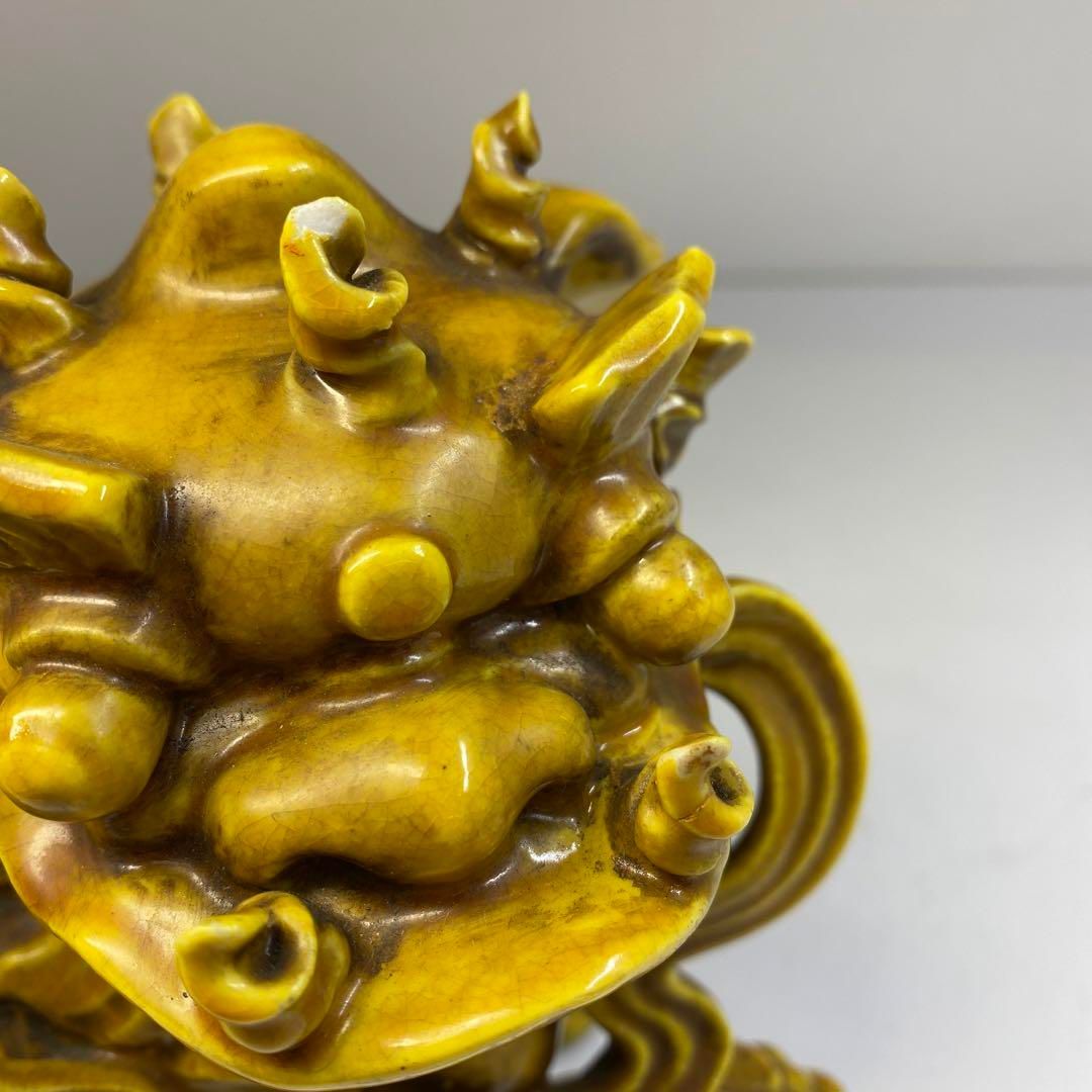 中国清時代　黄釉玉獅子置物　木箱付　横幅約23㎝　東Y6-0723①トヒトエ 中国清時代 黄釉玉獅子置物 木箱付 横幅約23㎝ 東