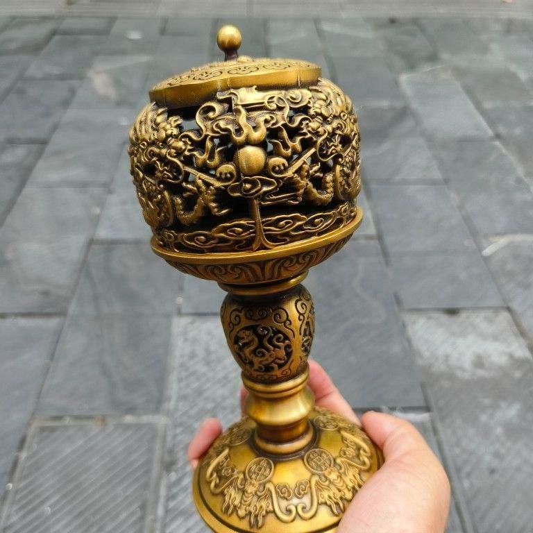 銅 細工 透かし彫り 双龍香炉 銅香炉 仏具 茶道具 香道具 工芸品