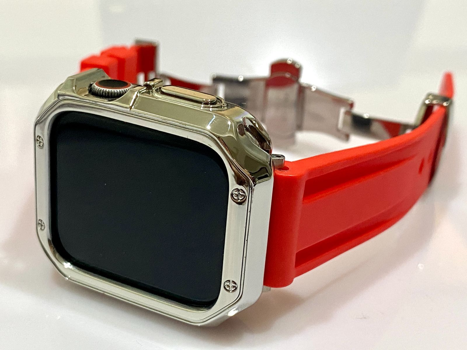 シルバーレッド＠カスタム セット アップルウォッチバンド ラバーベルト Apple Watch カバー ケース メンズ レディース 38mm 40mm 41mm 42mm 44mm 45mm49mm ウルトラ　ultra