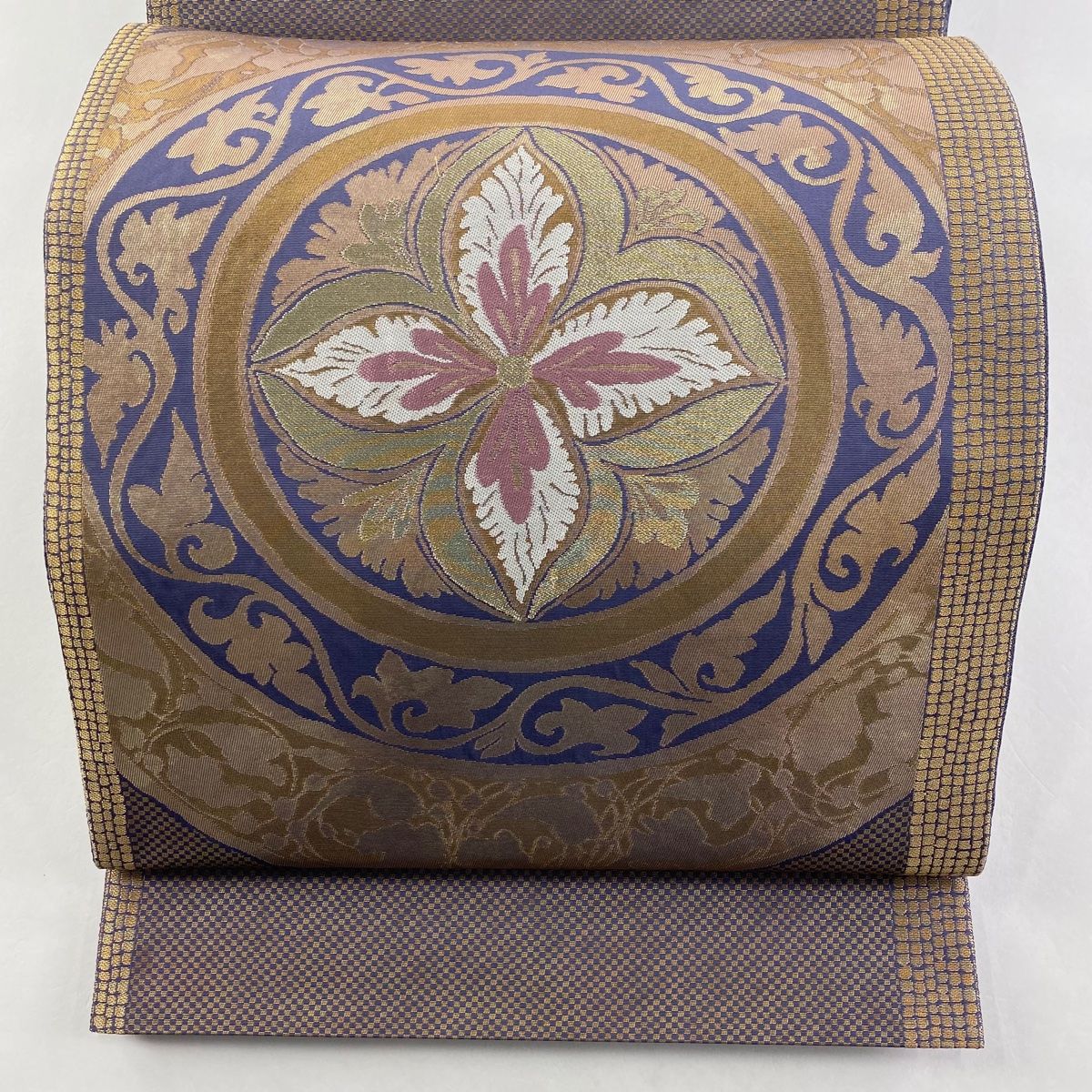 袋帯 洛風林 落款 花 市松 箔 金糸 青紫 お太鼓柄 正絹
