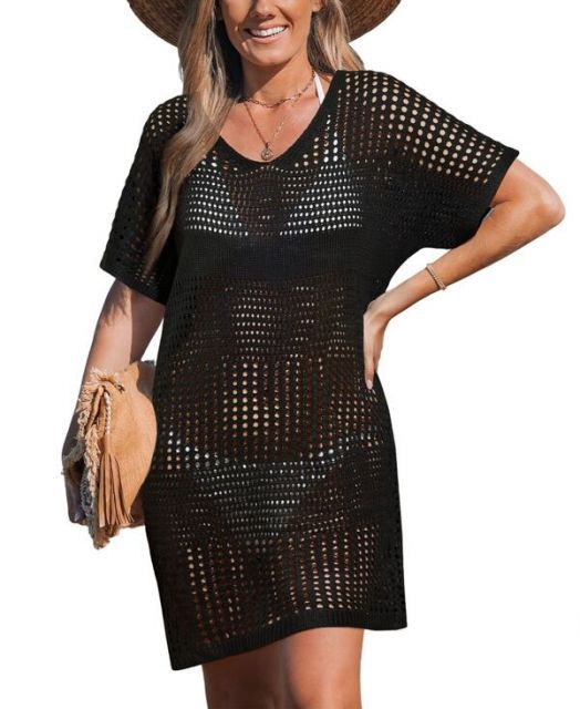 送料無料 カップシー レディース ワンピース トップス Women s Crochet Short Sleeve Cover-Up Mini Beach Dress Black