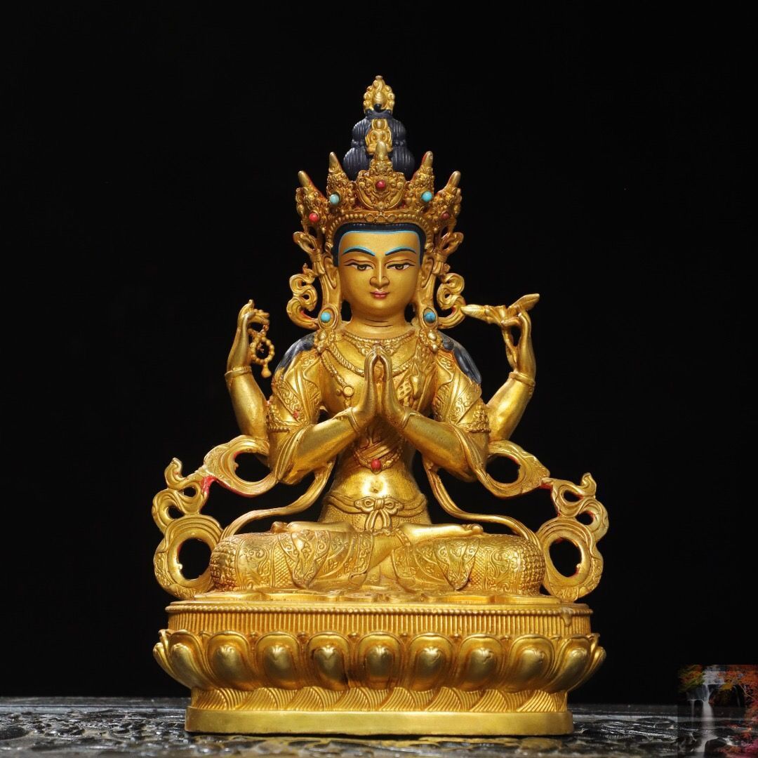 旧家珍蔵 塗金坐禅観音仏像 仏教古美術品 文化遺産 文化財　時代物　開運厄除け 旧家蔵出し 銅製 塗金 四臂觀音像 仏像 宗教 仏教古美術 供養品