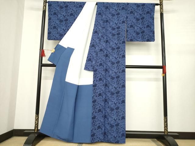 平和屋着物○上質な小紋 型染め 萬葉の藍 流水花文 染師 北野良