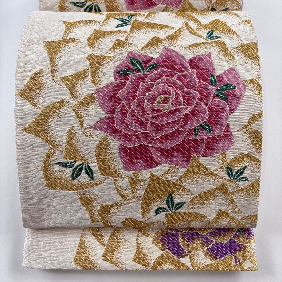 袋帯 秀品 振袖向き 薔薇 金糸 箔 ベージュ 六通 正絹 【中古