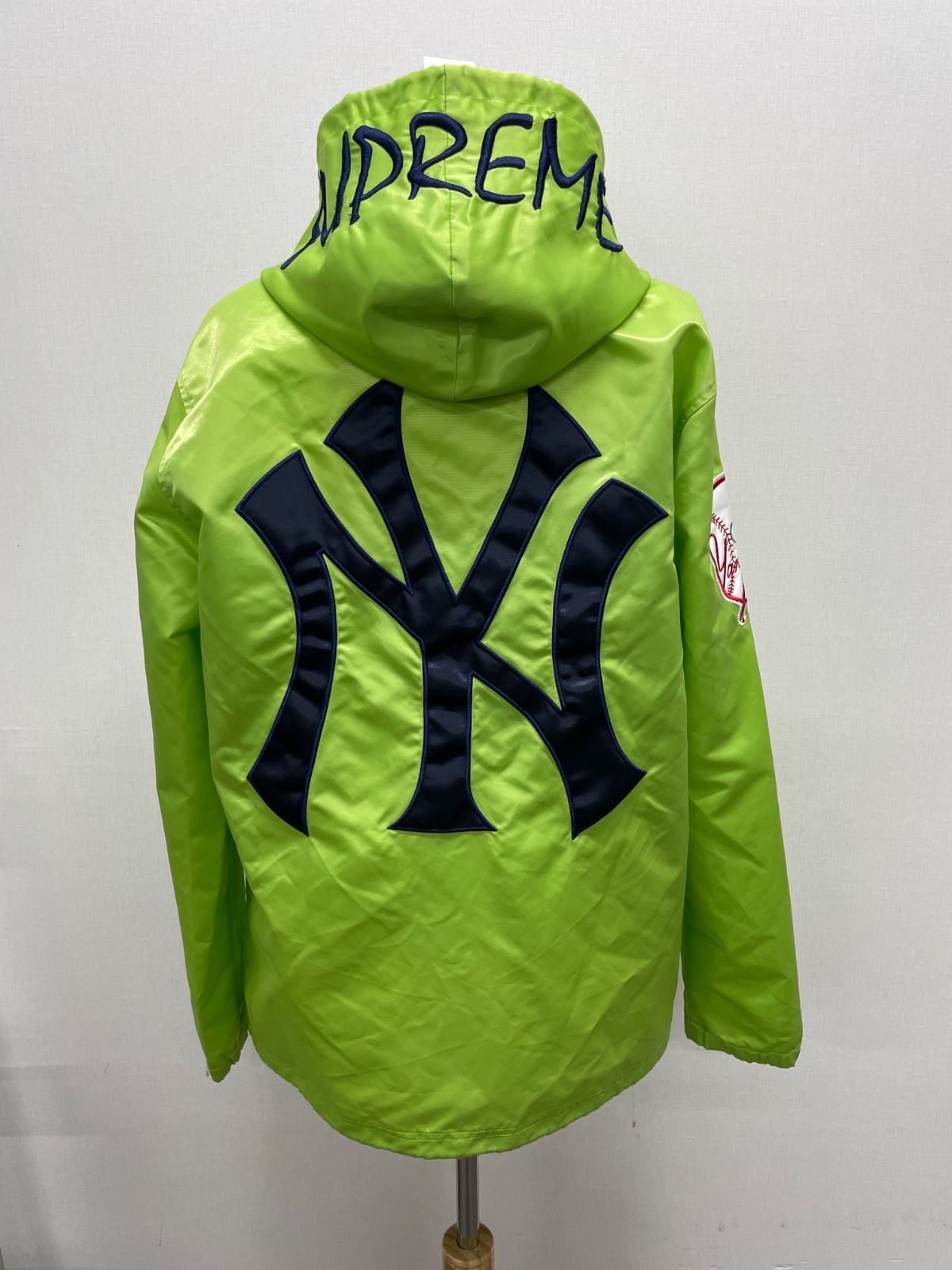CS1936 シュプリーム 15SS MAJESTIC NY Yankees satin Hooded Coaches JACKET グリーン