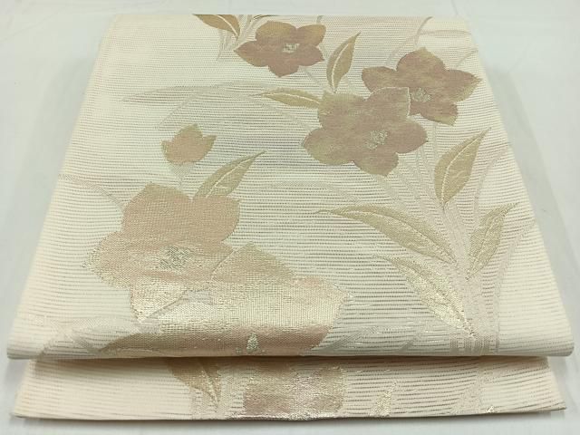 美品 袋帯 夏帯 夏 絽 アイボリー 葉文 観世水 金糸 銀糸長さ4ｍ29㎝正絹 美品 袋帯 夏帯 夏 絽 アイボリー 葉文 観世水 金糸 銀糸長さ