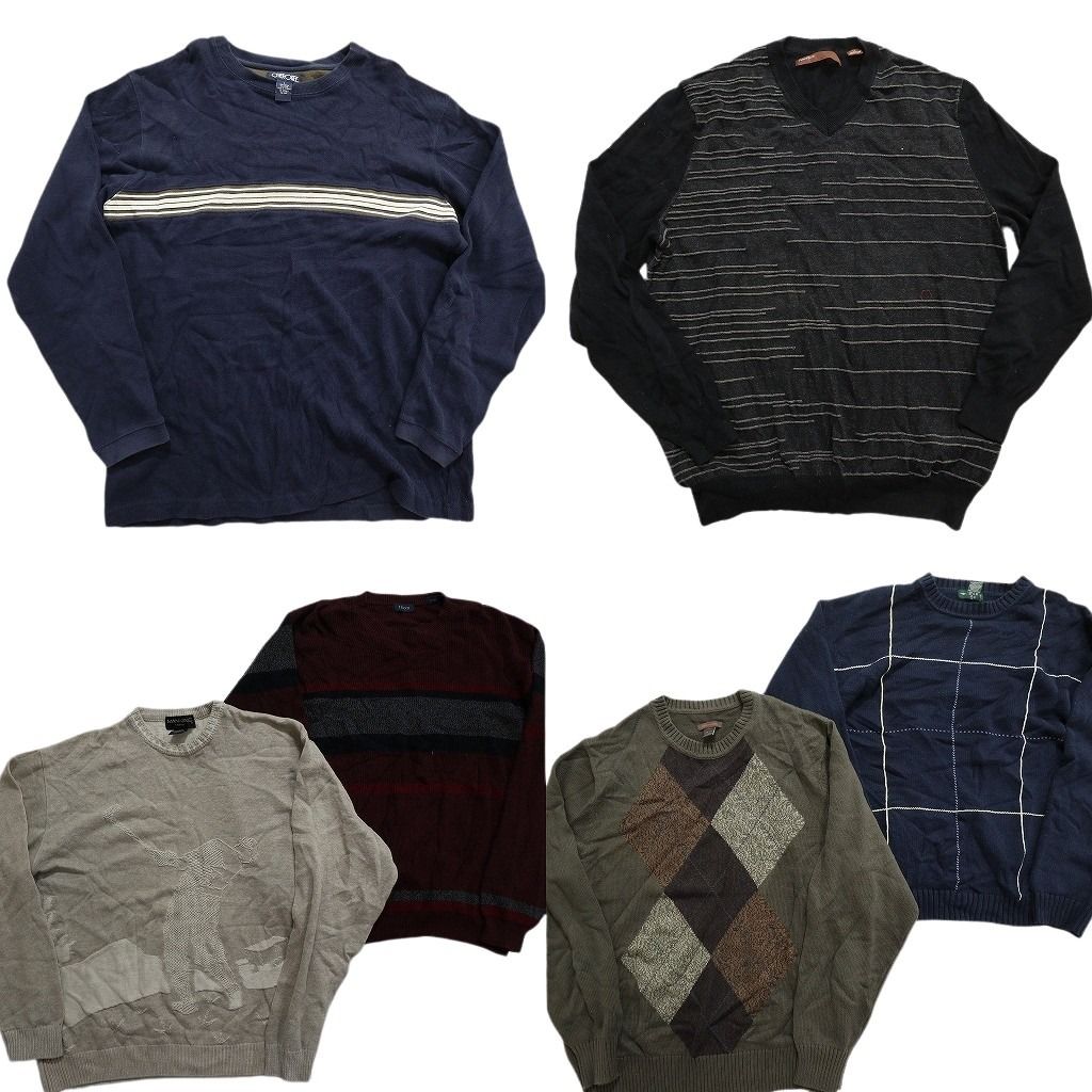 古着卸 まとめ売り 100％コットン 柄系セーター 6枚セット (メンズ L /XL ) チェック柄 ライン系 Vネック アーガイル柄 MW6849