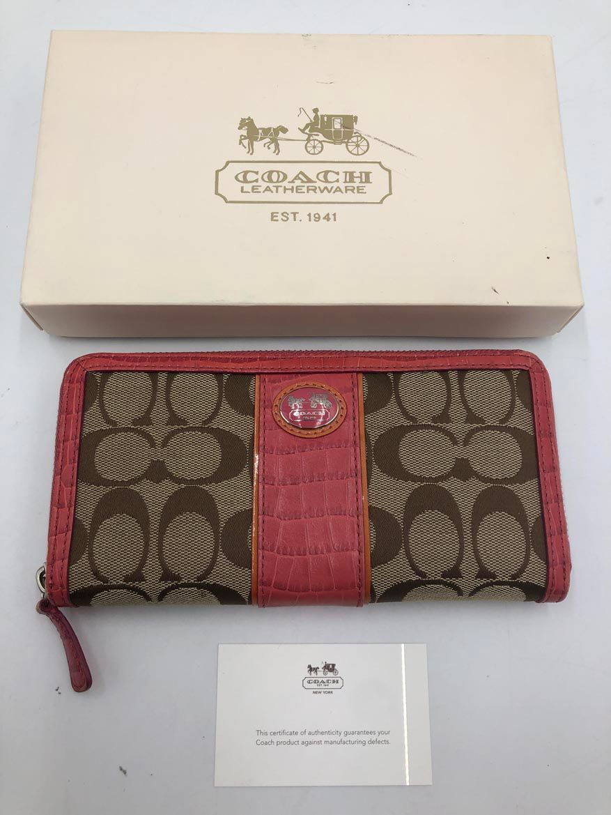 COACH コーチ 45963 シグネチャー クロコ 型押し ラウンドジップ 長 財布 ピンク ◎レディース