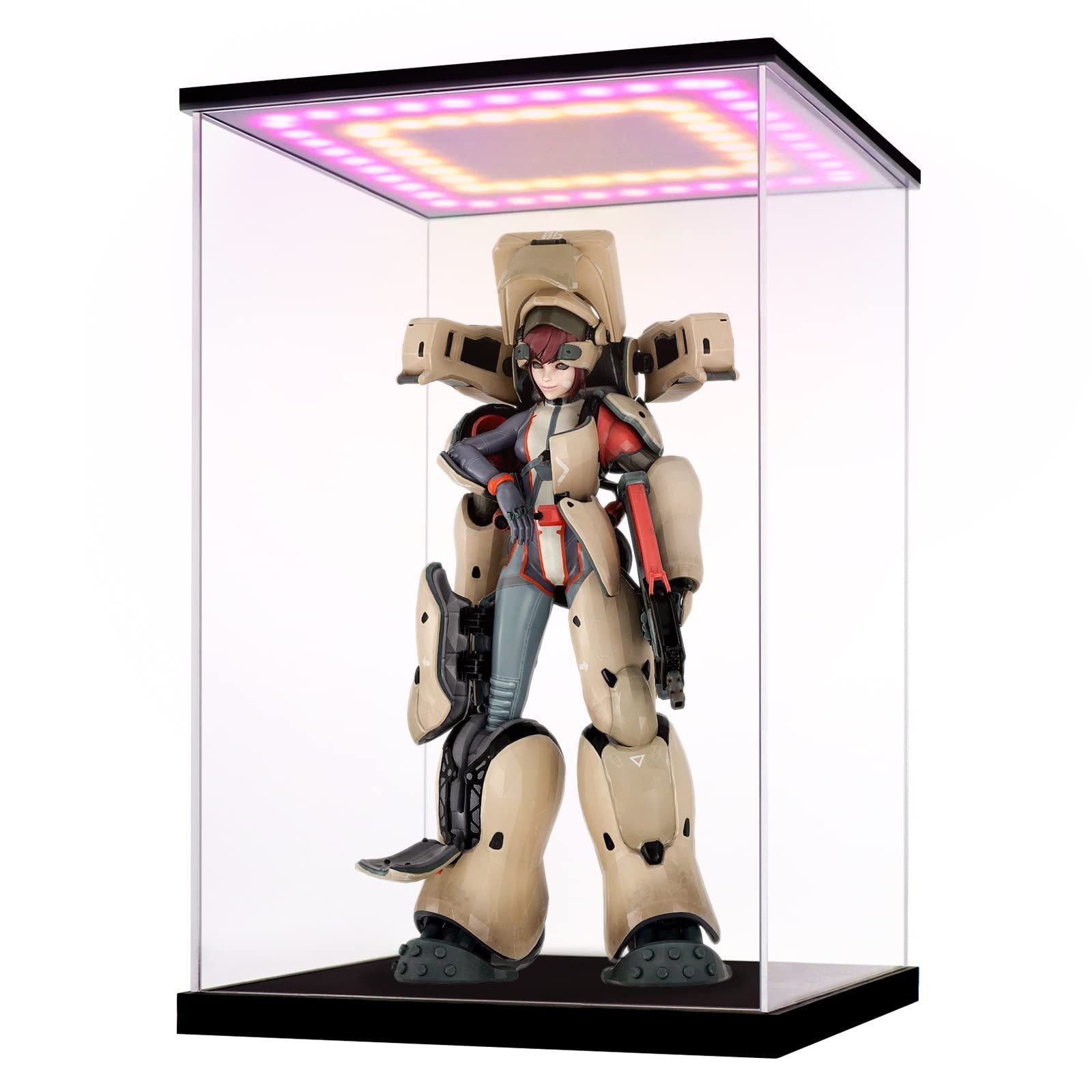 LED黄色+LEDピンク_幅30cm*奥行30cm*高さ40cm アクリルケース フィギュアケース ディスプレイケース コレクションケース 陳列ケース 人形ケース 透明アクリル プラモデル 壁掛け 飾り用 展示用 (LE