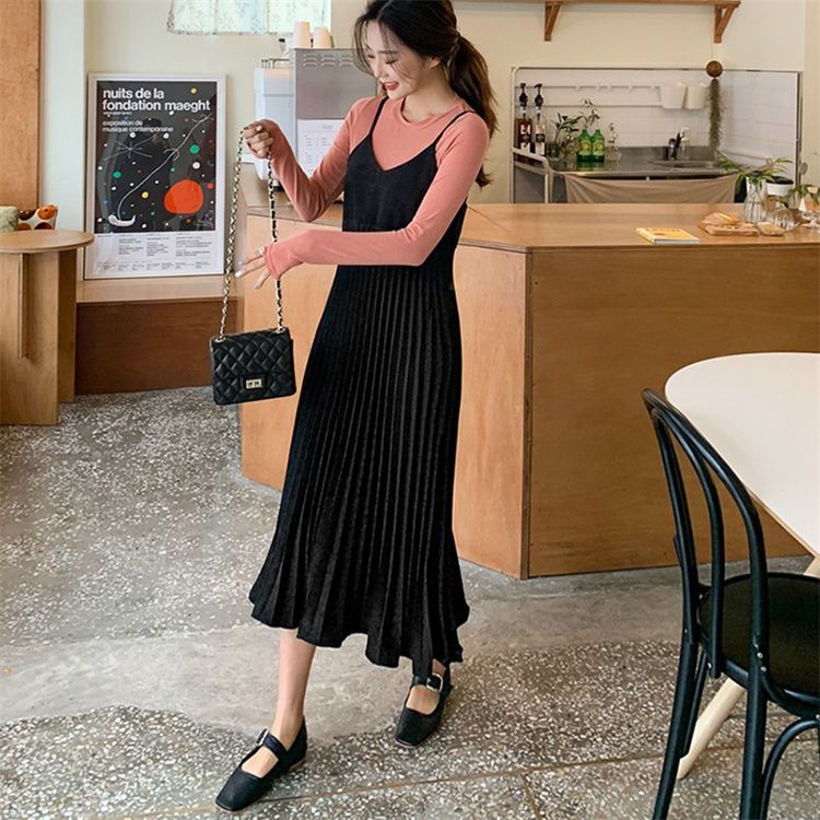 スタイル ワンピース スリム プリーツワンピース キャミワンピ ロングスカート