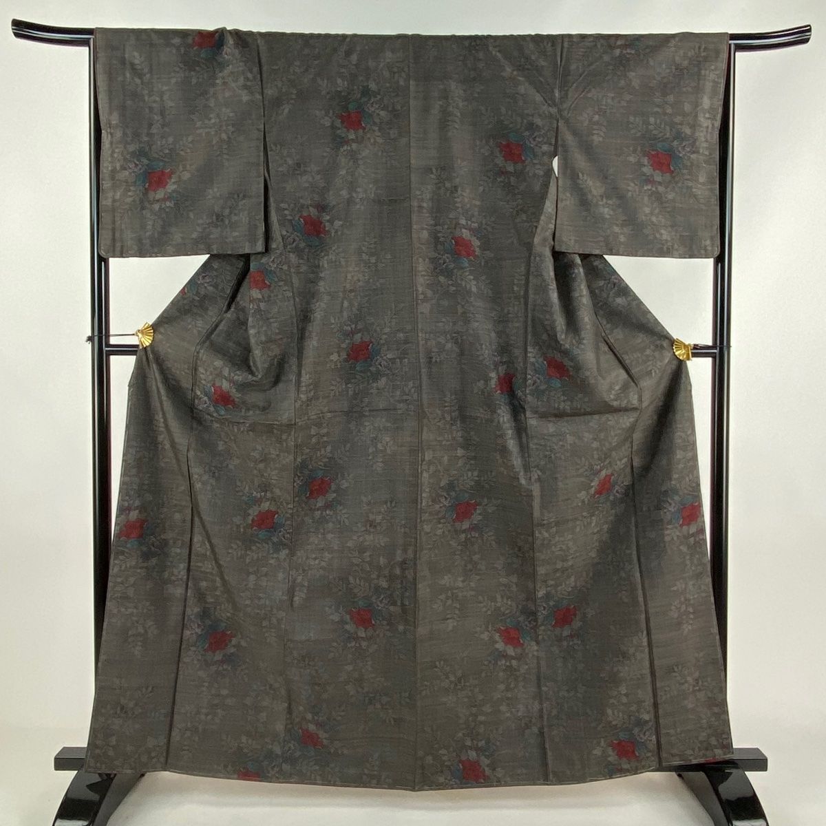 大島紬 身丈163cm 裄丈66.5cm M 袷 証紙 草花 焦茶色 正絹 秀品