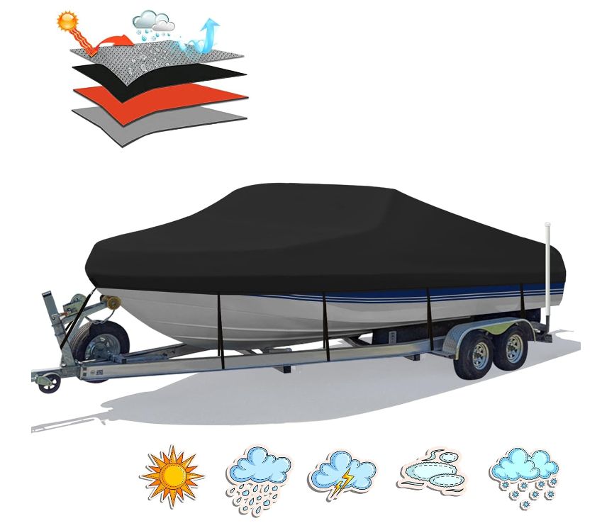 防水 1200D PU ボートカバー モーターカバー付き 高耐久 マリングレード トレーラー ポリエステルキャンバス 14~16フィート Vハル|ランナバウト|釣り|スキーボートに対応 ストラップ付き ブラック