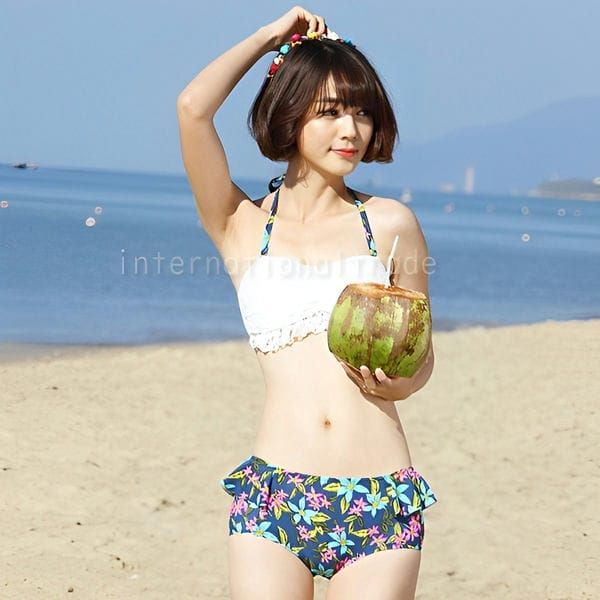 レディース水着 ビキニ 3点セット レース 長袖トップス付き 花柄