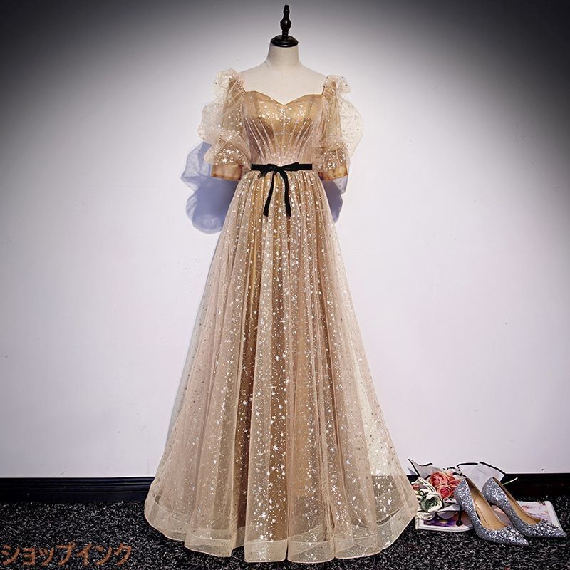 カラードレス Aラインドレス シャンパンゴールド 長袖 シースルー袖  