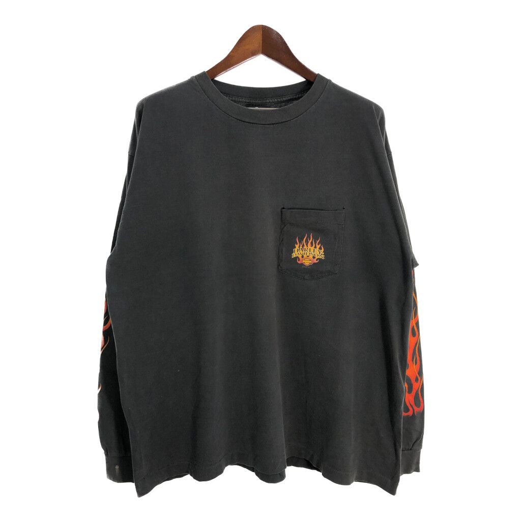 00年代 HARLEY DAVIDSON ハーレーダビッドソン 袖プリント 長袖Ｔシャツ ブラック メンズ XXL 古着 U1645