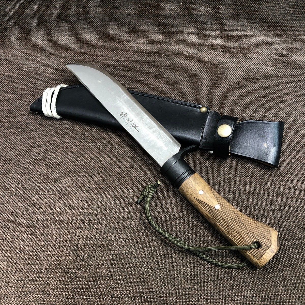 豊国 トヨクニ 土佐鍛 剣鉈 ダマスカス15層 青2鋼 6寸 180mm 晶之作 黒ツバ輪 黒革ケース付き ●