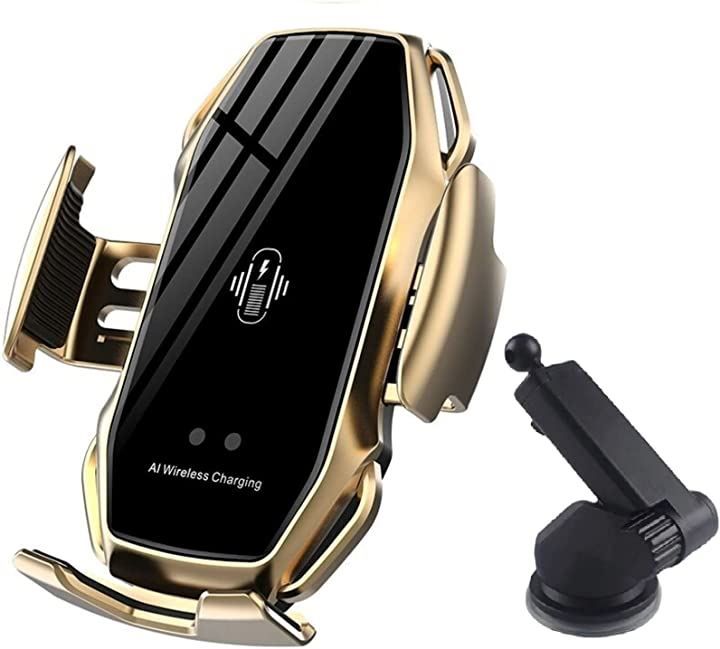 TOMIRE スマホホルダー スタンド アーム 車 自動開閉 ワイヤレス 10W 7.5W 充電 Qi 自由調節 吸盤 伸縮( Gold)