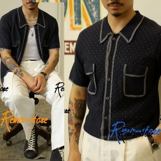 とにかくレトロでオシャレ◎ 50～60’s フレンチデザイン ハイゲージ ニット シャツ 2色 36〜42 ヴィンテージ レトロ サマーセーター T802