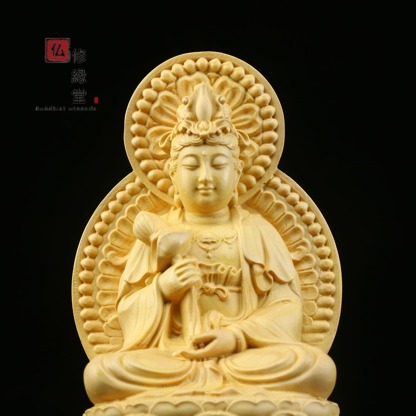 修縁堂】木彫り 仏像 阿弥陀三尊座像 彫刻 仏教工芸品 柘植材 ご利益 