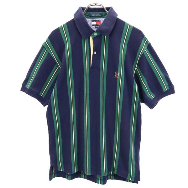 トミーヒルフィガー 90s オールド フラッグタグ ストライプ柄 半袖 ポロシャツ L 紺系 TOMMY HILFIGER 鹿の子地 メンズ 【中古】  【230426】